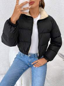 SHEIN Frenchy 冬季拉链短款夹棉大衣 - 黑色 - 查看 1