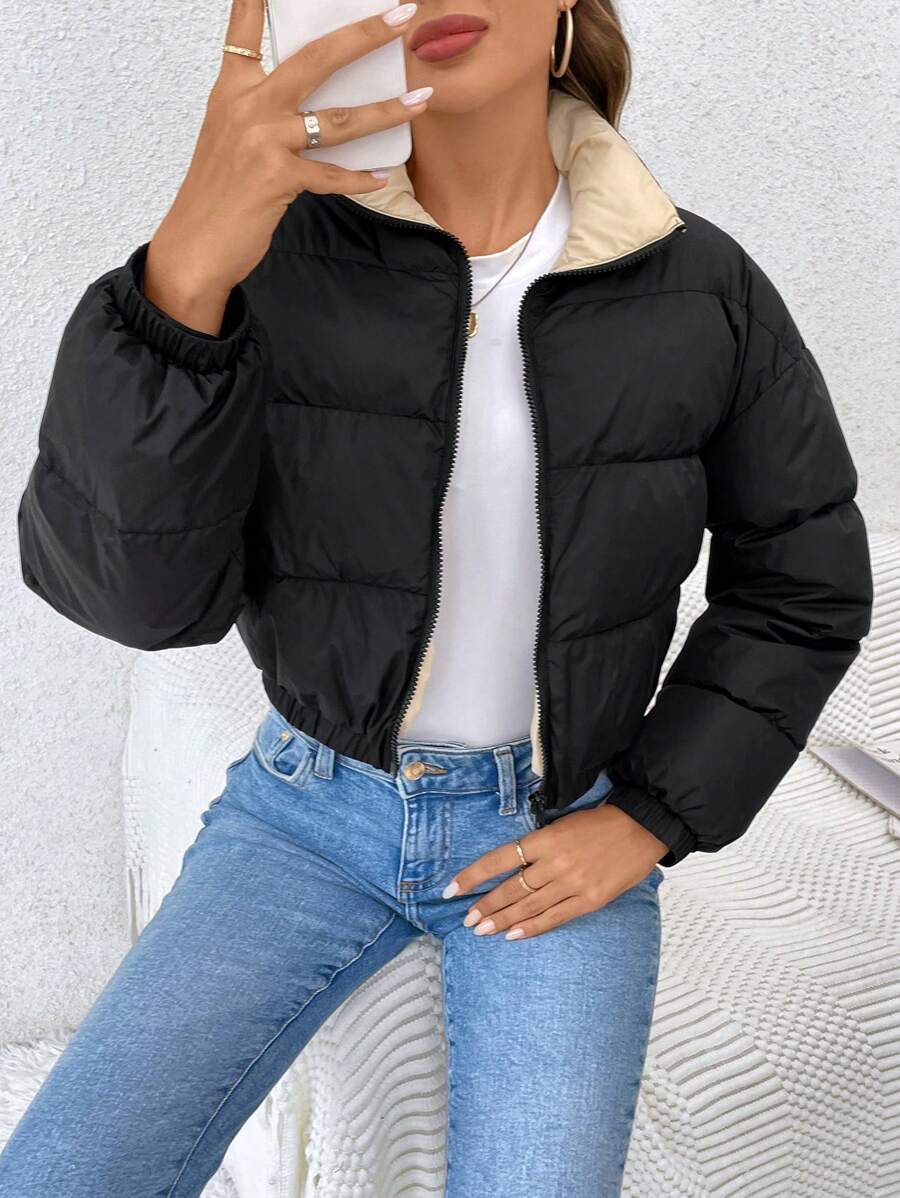 SHEIN Frenchy 冬季拉链短款夹棉大衣 - 黑色 - 查看 1