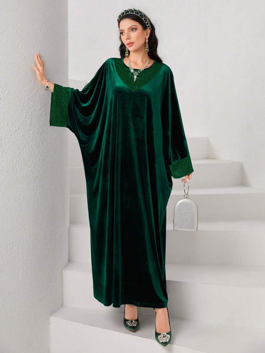 Al Najma 拼接邊蝙蝠袖土耳其長袍 - 綠色 - 查看 1