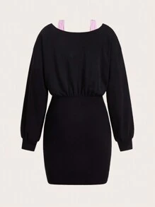 SHEIN MOD 標語圖案落肩袖假兩件洋裝