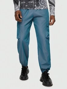 ROMWE MEN Street Life Các bạn Túi nắp bên cạnh Eo dây rút Quần Cargo - Màu xanh lam - Xem 3