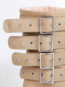 SHUZIA Buckle Decor Side Zip Stiletto Heeled Boots - Apricot - View 5