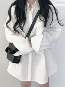 Casual Versatile Solid Color Loose Fit Drop Shoulder Women Shirt - White - View 1