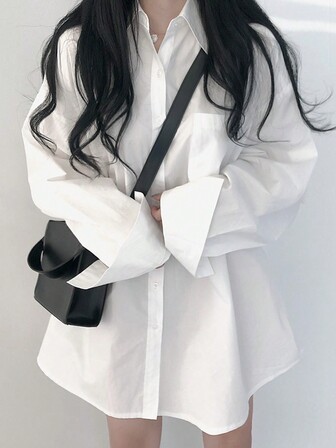 Rikumo Solid Drop Shoulder Oversized Shirt,Long Sleeve Tops