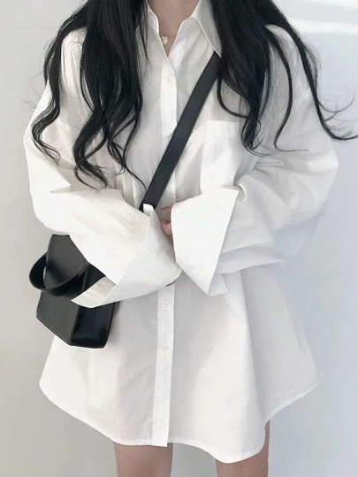 休闲百搭纯色宽松落肩女式衬衫