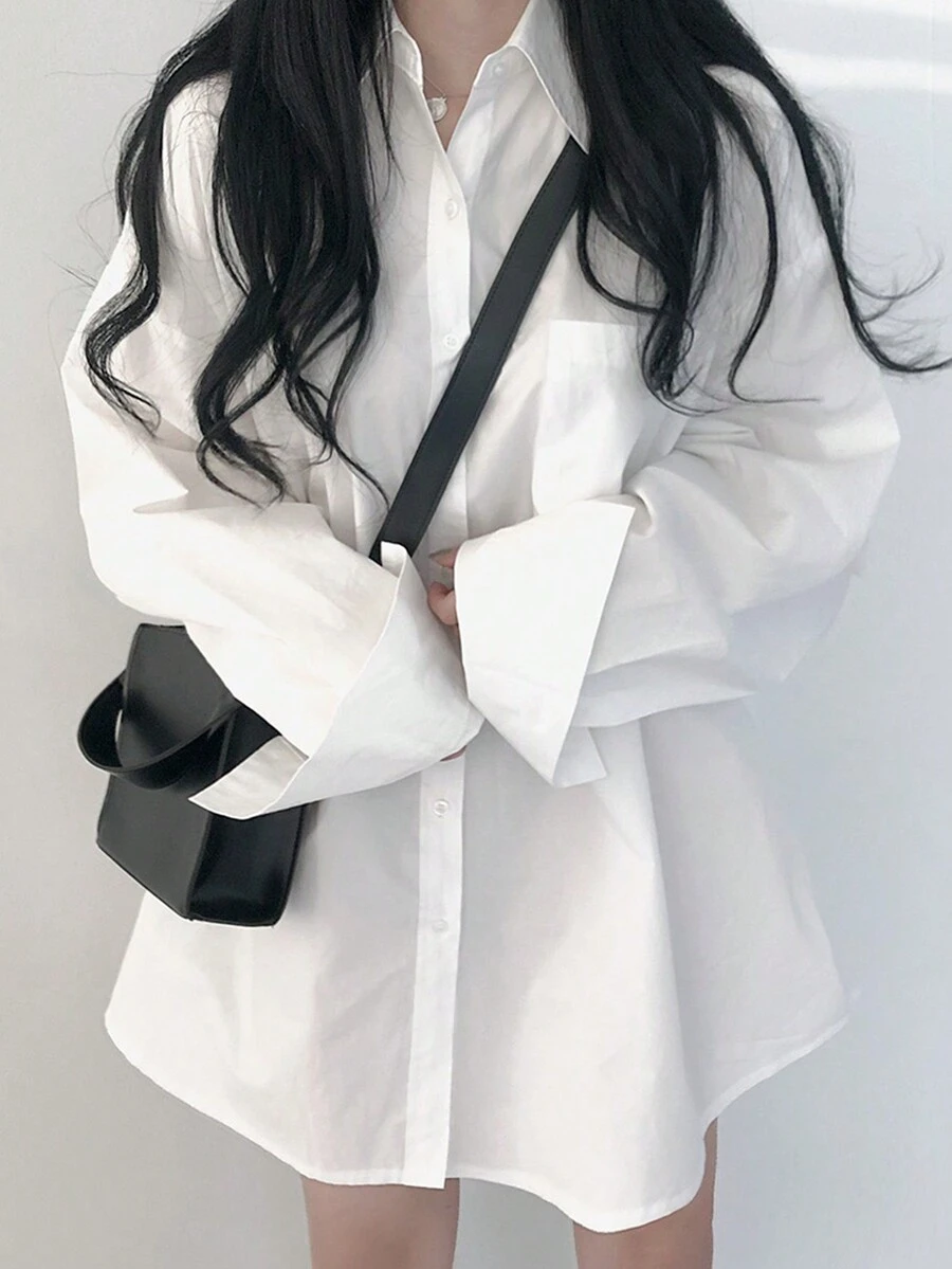 Casual Versatile Solid Color Loose Fit Drop Shoulder Women Shirt - White - View 1