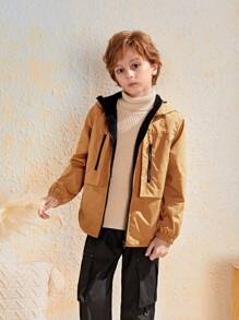 SHEIN 男大童拉鏈開襟連帽外套 - 棕色 - 查看 4