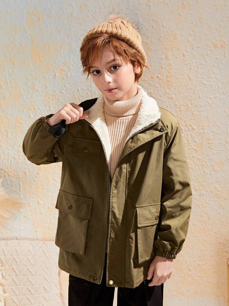 Tween Boy Flap Pocket Teddy Lined Hooded Coat