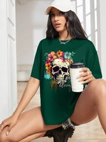 SHEIN EZwear Sọ Và In hoa Áo thun Thả vai - Màu xanh lá cây đậm - Xem 3