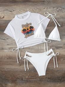 SHEIN Swim 夏季海灘字母圖案束腰比基尼套裝，帶有遮陽罩 - 白色 - 查看 5