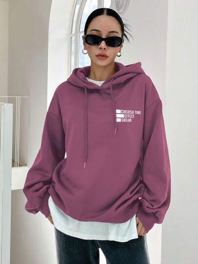 DAZY Suéter Con Capucha Con Gráfico De Letras, Hombros Caídos Y Cordón Ajustable