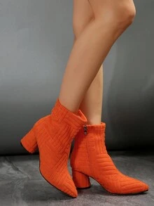新風格粗跟純的顏色尖頭踝絲絨側拉鏈經典女性時尚靴子,優雅秋天&冬天橘色高跟鞋靴子 - 橘色 - 查看 3