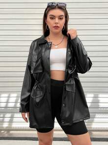 SHEIN Coolane Plus Flap Pocket Drop Shoulder PU Leather Coat - Black - View 3