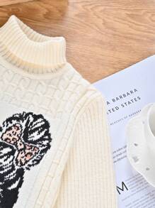 SHEIN 女大童人像圖案高領套頭毛衣 - 米色 - 查看 6