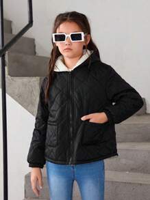 SHEIN 女大童拉鏈開襟加絨內裏連帽絎縫外套 - 黑色 - 查看 6