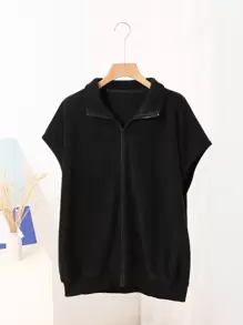 Dazy-Less 拉链蝙蝠袖羊毛背心外套复古风格女式夹克，秋季女装 - 黑色 - 查看 7