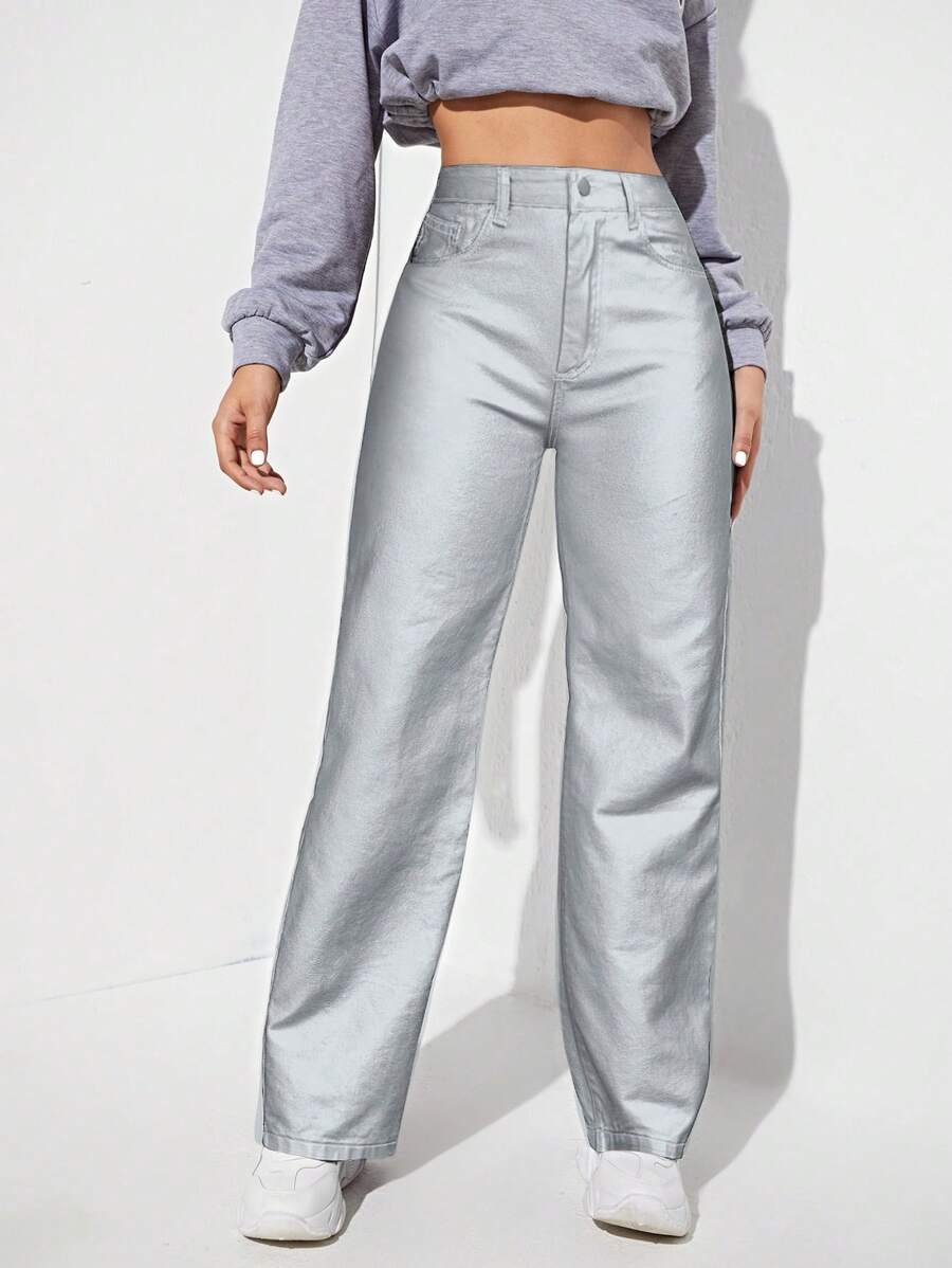 SHEIN EZwear Vaqueros rectos con aspecto liso - Blanco - Ver 1