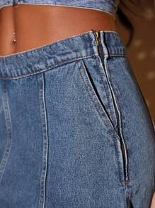 高腰牛仔半身裙 - 中等水洗藍 - 查看 6