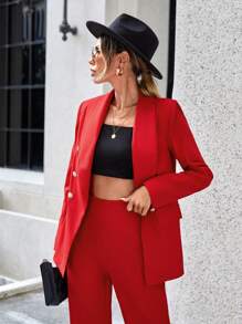 SHEIN Unity 青果領雙排釦西裝外套和褲子 - 紅色 - 查看 3