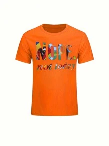 女士橙色图案字母印花短袖圆领休闲T恤 - 橘色 - 查看 3