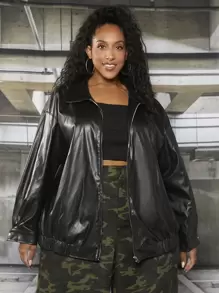 SHEIN CURVE+ Plus Solid Zip Up Drop Shoulder PU Coat - Black - View 3