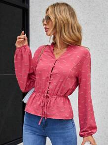 SHEIN Cottnline بلوزة مطوي الثنايا طباعة شامل رباط خصر - الأحمر - مشاهدة 1