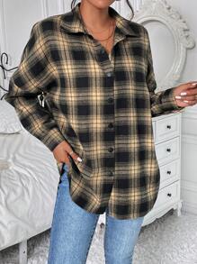 Chiquease Plaid Print Drop Shoulder Curved Hem Coat Fall Cloth For Women - Coffee Brown - View 5