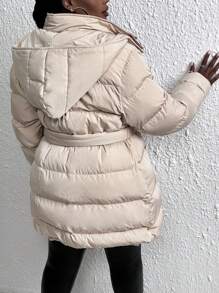 Slaydiva Plus Zip Up Snap Button Hooded Padded Coat - Apricot - View 2