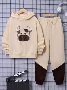 SHEIN Tween Boy Cow Print Hoodie & Two Tone Sweatpants - Apricot - View 1
