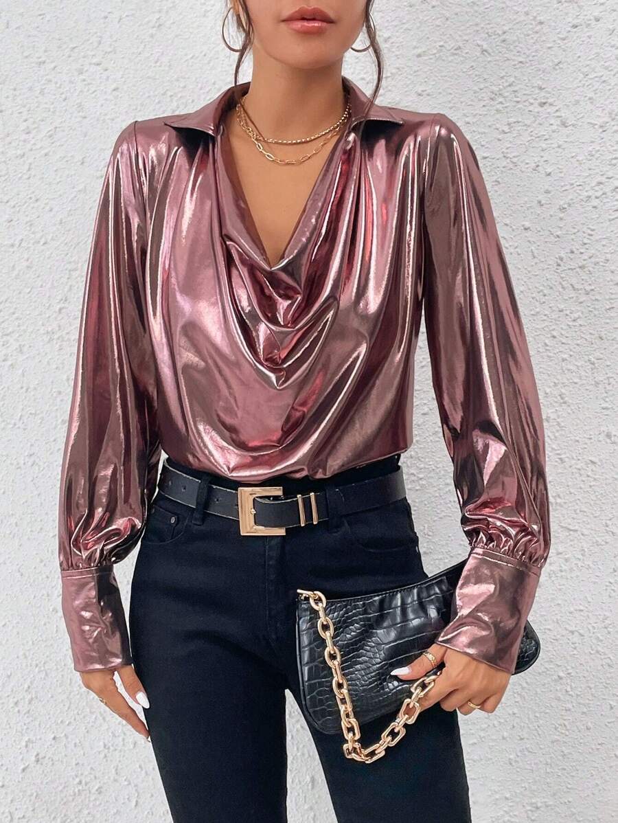 SHEIN Unity Draped Collar Lantern Sleeve Metallic Blouse - Pink - View 1