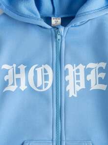 SHEIN 少女字母图案拉链保暖连帽衫 - 藍色 - 查看 4