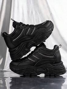 女式黑色內增高運動鞋休閒透氣pu皮鞋面厚底 - 黑色 - 查看 3