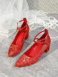 Women's High Heels Solid Color Shoes For Wedding, Red - Red - View 5