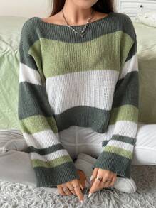 Flirla Plus Color Block Drop Shoulder Sweater - Green - View 3