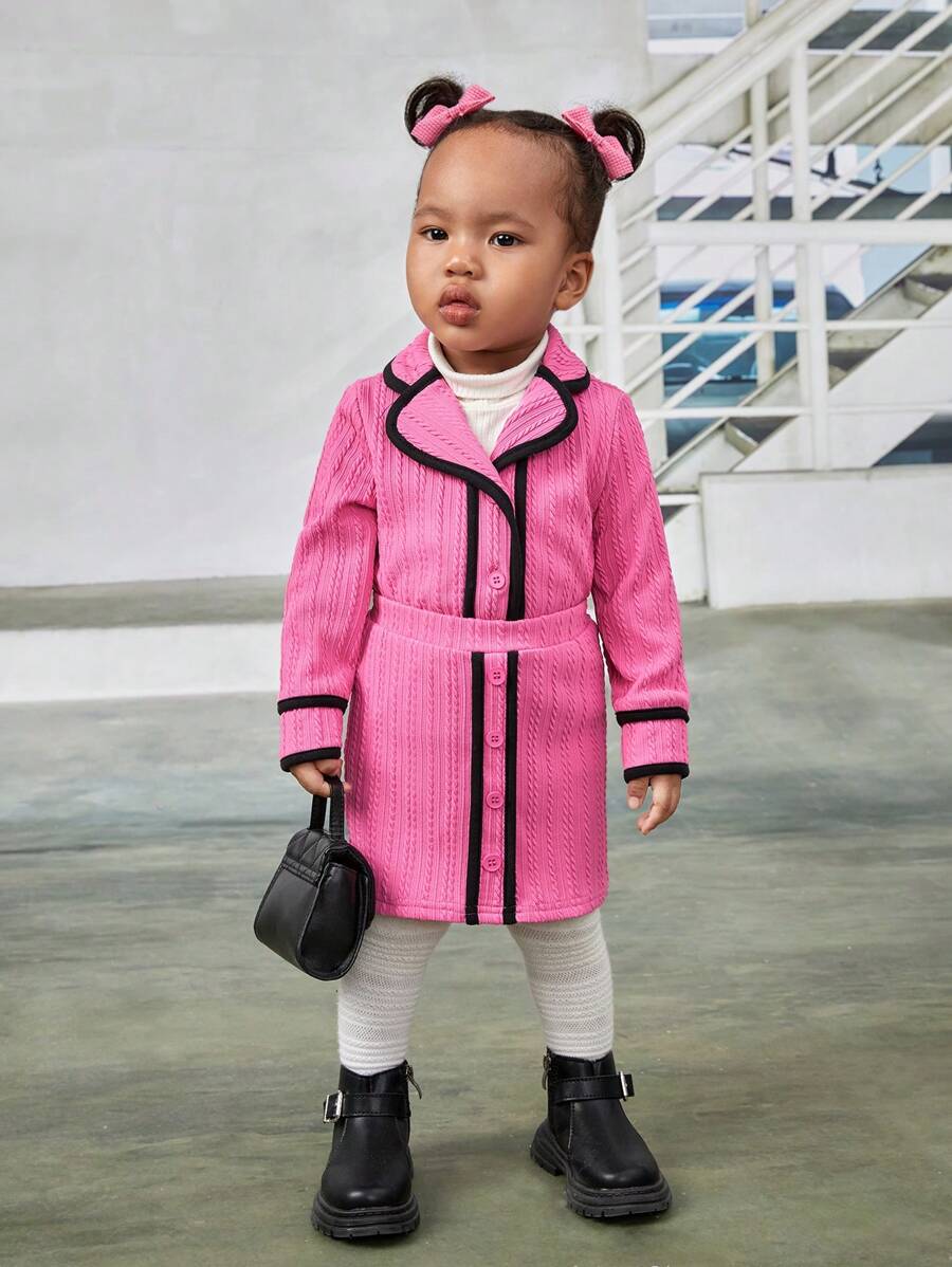 SHEIN Chicas Bebé Abrigo unido en contraste & Falda & Riñonera - Rosa - Ver 1