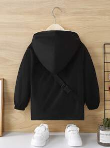 SHEIN 男小童恐龍印花毛絨內襯連帽夾克附包 - 黑色 - 查看 2