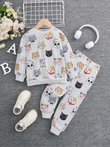 SHEIN 年輕女孩卡通圖案運動衫和運動褲 - 白色 - 查看 1