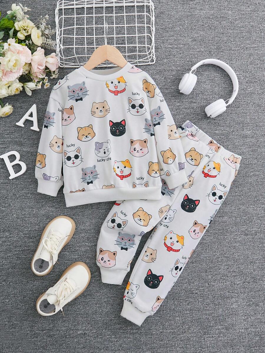 SHEIN 年輕女孩卡通圖案運動衫和運動褲 - 白色 - 查看 1