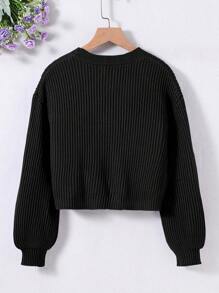 SHEIN Tween Girls' Cardigan, V-Neck Long Sleeve Loose Knit Sweater Jacket, Autumn, Ribbed Cuffs & Hem, Button Front, Basic Collegiate Style - Black - View 2