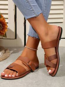 Sandalias planas de mujeres - Marrón - Ver 2