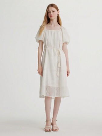  GOELIA Square Neck Puff Sleeve Belted White Dress