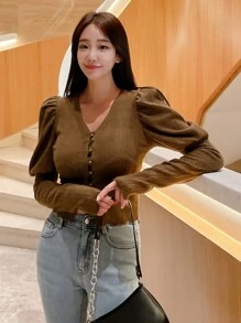 DAZY Áo cardigan cài nút phía trước Gigot - màu nâu - Xem 5