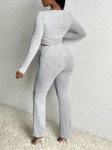 Slaydiva Slayr Casual Home Round Neck Long Sleeve Drawstring Waist T-Shirt And Straight Fit Ribbed Grey Sweatpants 2 Piece Set For Women - Grey - View 2