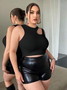 SHEIN ICON Plus 镂空短款背心，夏季 - 黑色 - 查看 5