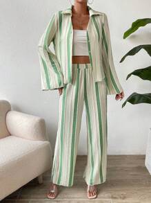 SHEIN Unity Striped Print Flare Sleeve Shirt & Wide Leg Pants Fall Cloth For Women - Apricot - View 4