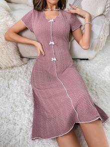 Contrast Binding Bow Front Nightdress - Pink - View 4
