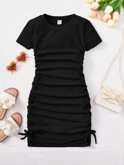 SHEIN Tween女孩休閒實色圓領短袖連衣裙，側邊拉繩收口設計