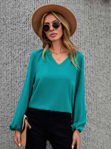 SHEIN LUNE Notched Neckline Lantern Sleeve Blouse - Green - View 4