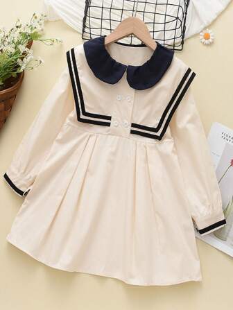 年輕女孩撞色領條紋飾邊褶皺細節洋裝