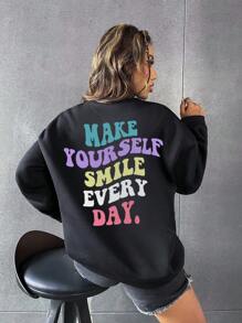 EURMUSE Slogan Graphic Drop Shoulder Sweatshirt - Black - View 4